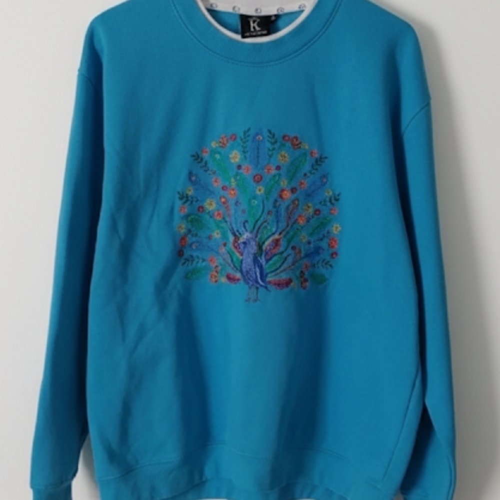 Vintage Embroidered Sweatshirt Crewneck Vibrant Peacock Colors Cottagecore EUC